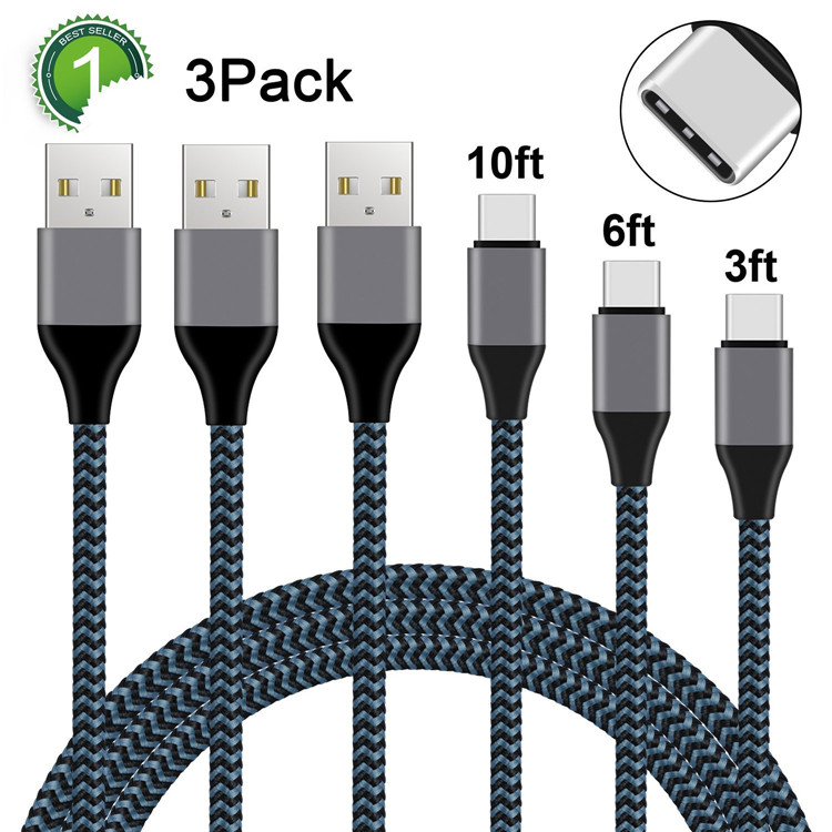USB Type C Cable, 7Magic USB C Cable 3Pack 3FT 6FT 10FT USB C to USB 2.0 Nylon Braided S9 Charger Cable for Galaxy